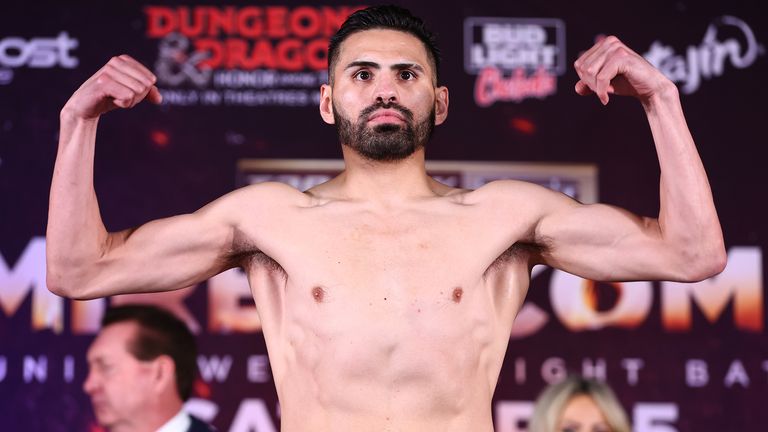 FRESNO, CALIFORNIA - MARCH 24: Jose Ramirez flexes on the scale during the weigh-in session prior to his March 25 junior welterweight match against Richard Commey, at the FSU Student Recreation Center on March 25. March 24, 2023 in Fresno, California.  (Photo by Mikey Williams/Top Rank Inc via Getty Images)