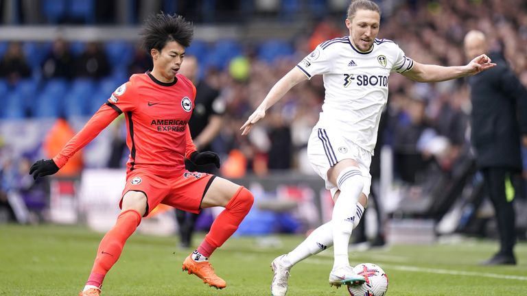 Kaoru Mitoma and Luke Ayling in action at Elland Road