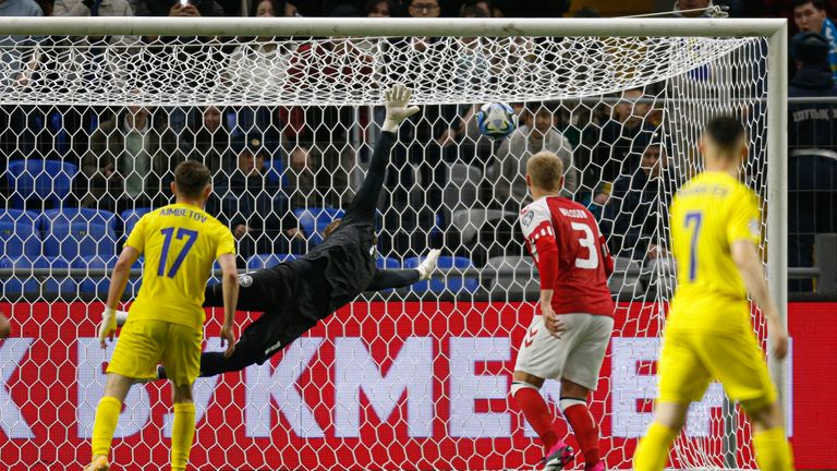 Abat Aimbetov scores Kazakhstan's third goal against Denmark