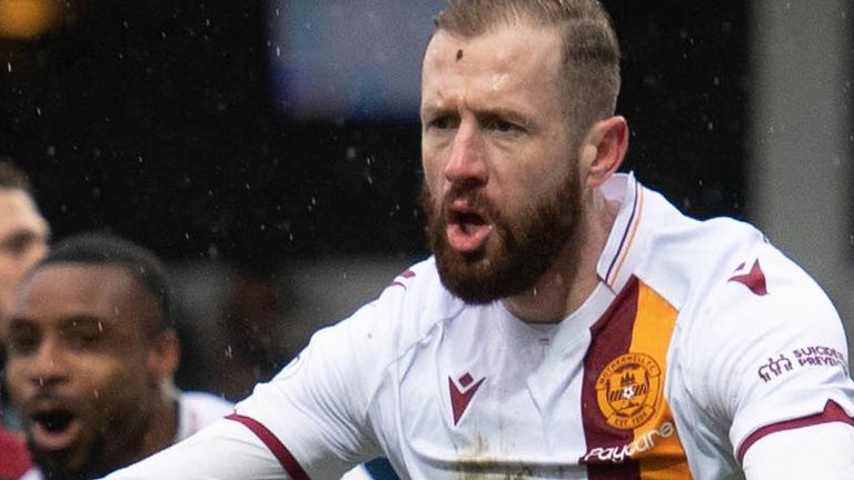 DINGWALL, SCOTLAND - MARCH 04: Motherwell's Kevin van Veen celebrates his goal to make it 1-0 during a cinch Premiership match between Ross County and Motherwell at the Global Energy Stadium, on March 04, 2023, in Dingwall, Scotland.  (Photo by Craig Foy / SNS Group)