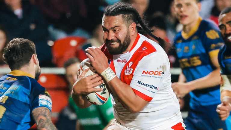 Picture by Alex Whitehead/SWpix.com - 31/03/2023 - Rugby League - Betfred Super League - St Helens v Wakefield Trinity - Totally Wicked Stadium, St Helens, England - St Helens’ Konrad Hurrell runs in for a try.