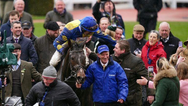 Langer Dan and Harry Skelton celebrate winning the Coral Cup