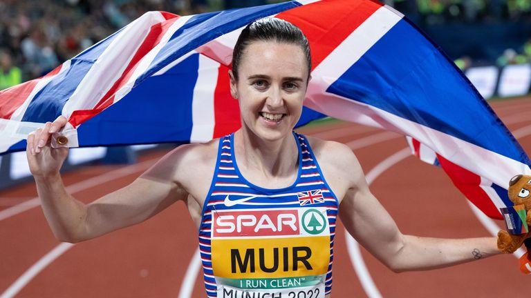 Laura Muir celebrates her European Indoor 1500 title 