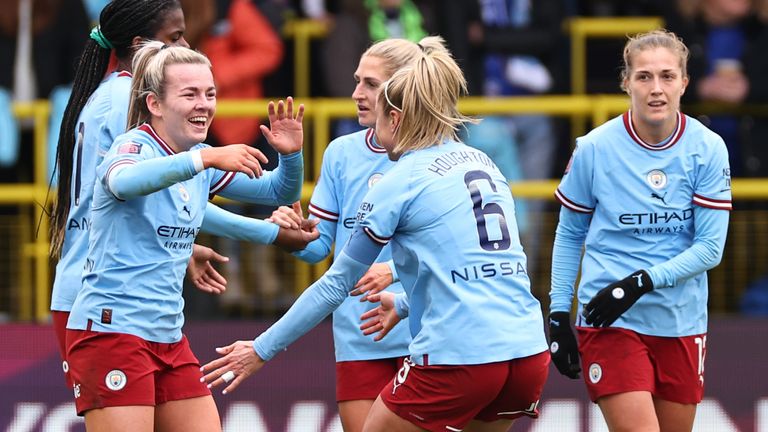 Lauren Hemp celebrates after doubling Man City's lead