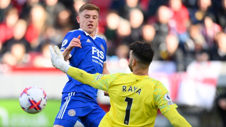 Harvey Barnes beats David Raya to equalise for Leicester at Brentford 