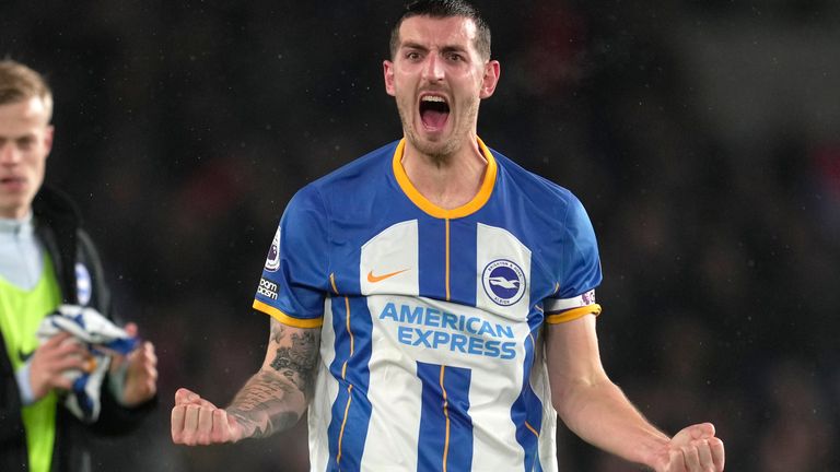 Lewis Dunk celebrates Brighton&#39;s victory as they close the gap on the European spots