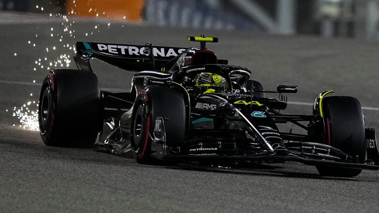 Mercedes driver Lewis Hamilton of Britain in action during the Formula One qualifying at the Bahrain International Circuit in Sakhir, Bahrain, Saturday, March 4, 2023. The Bahrain GP will be held on Sunday March 5, 2023.(AP Photo/Ariel Schalit)