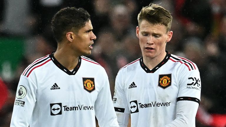 Raphael Varane and Scott McTominay show their frustration after conceding a sixth goal against Liverpool
