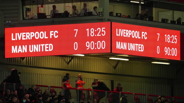 The scoreboard at Anfield shows the final score following Liverpool&#39;s rout of Manchester United