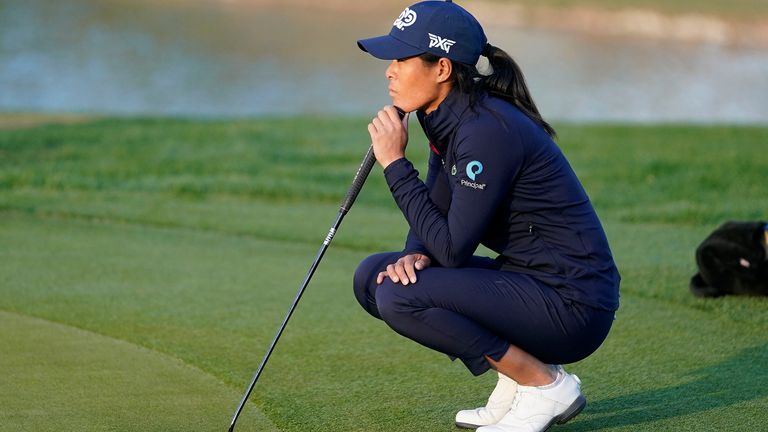 Celine Boutier waits to putt on the playoff hole during the final round of the Drive On Championship golf tournament, Sunday, March 26, 2023, in Gold Canyon, Ariz. (AP Photo/Darryl Webb)