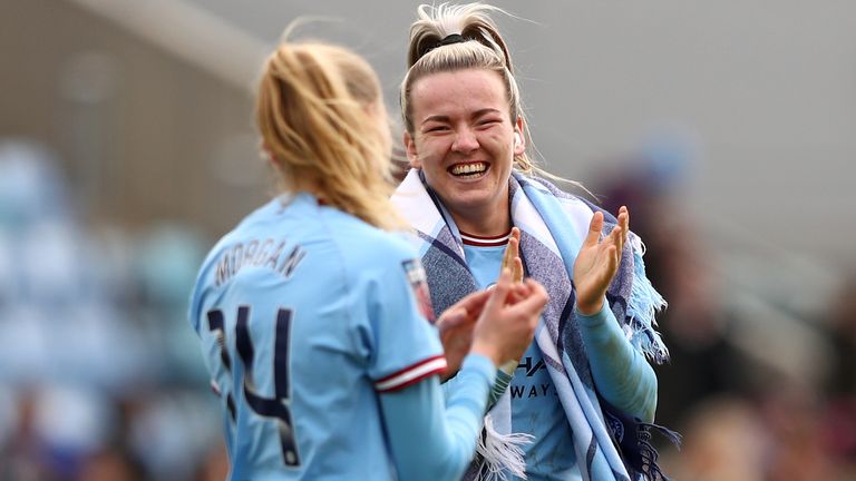 Goalscorer Lauren Hemp celebrates beating Chelsea