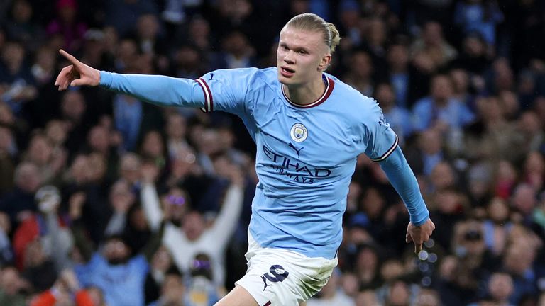 Erling Haaland celebrates after opening the scoring for Man City against Burnley