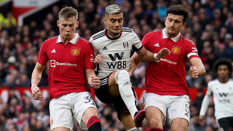 Andreas Pereira tangles with Scott McTominay and Harry Maguire