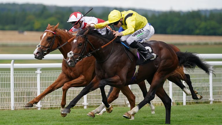 Marbaan ridden by Jamie Spencer (right) on their way to winning the Japan Racing Association Vintage Stakes on day one of the Qatar Goodwood Festival 2022 