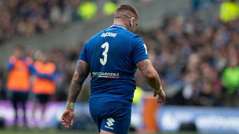 EDINBURGH, SCOTLAND - MARCH 18: Italy's Marco Riccioni walks off dejected after being yellow carded 