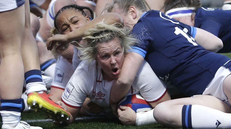 England's Marlie Packer scores a try