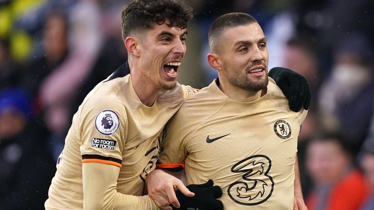 Mateo Kovacic and Kai Havertz celebrate after Chelsea extend their lead to 3-1