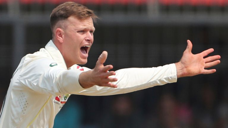 Australia's Matthew Kuhnemann successfully appeals for caught behind against India's Ravichandran Ashwin during the first day of third cricket test match between India and Australia in Indore, India, Wednesday, March 1, 2023. (AP Photo/Surjeet Yadav) 