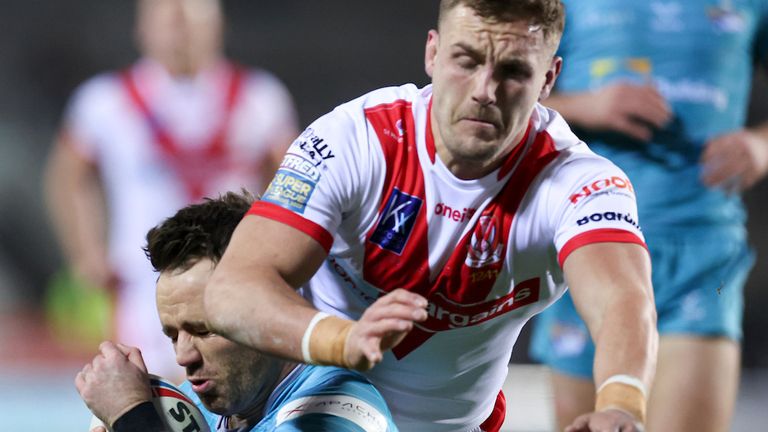 Picture by Paul Currie/SWpix.com - 03/03/2023 - Rugby League - Betfred Super League Round 3 - St Helens v Leeds Rhinos - The Totally Wicked Stadium, St Helens, England - Leeds Rhinos' Richie Myler is tackled by St Helens' Matty Lees