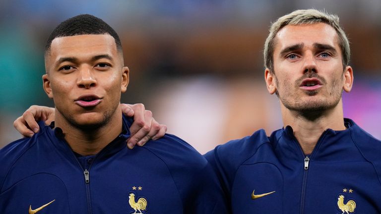 France's Kylian Mbappe, left, and Antoine Griezmann 