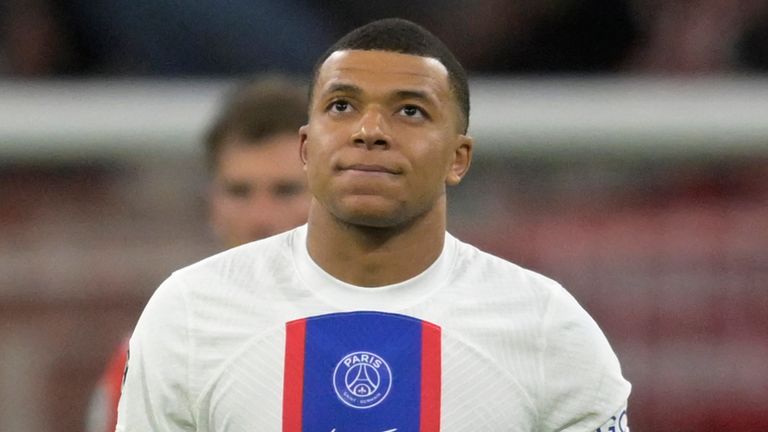 PSG's Kylian Mbappe reacts after Bayern's Eric Maxim Choupo-Moting scored his side's opening goal during the Champions League round of 16 second leg soccer match between Bayern Munich and Paris Saint Germain at the Allianz Arena in Munich, Germany, Wednesday, March 8, 2023. (AP Photo/Andreas Schaad)