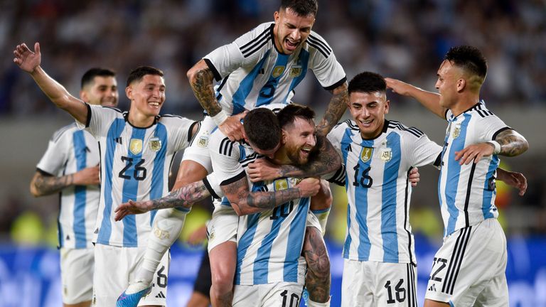 Argentina's Lionel Messi (10) celebrates with teammates after scoring his side's second goal against Panama during an international friendly soccer match in Buenos Aires, Argentina, Thursday, March 23, 2023. (AP Photo/Gustavo Garello)