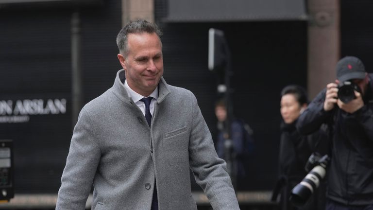 Former England captain Michael Vaughan arrives at the International Arbitration Centre, in London, Thursday, March. 2, 2023. A long-awaited hearing examining racism allegations which brought shame on English cricket’s most successful county team started Wednesday, with past and present internationals set to give evidence to a disciplinary panel over the next week.(AP Photo/Kin Cheung)
