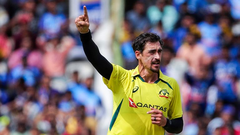 Mitchell Starc celebrates the wicket of KL Rahul during the second ODI against India in Visakhapatnam (Associated Press)