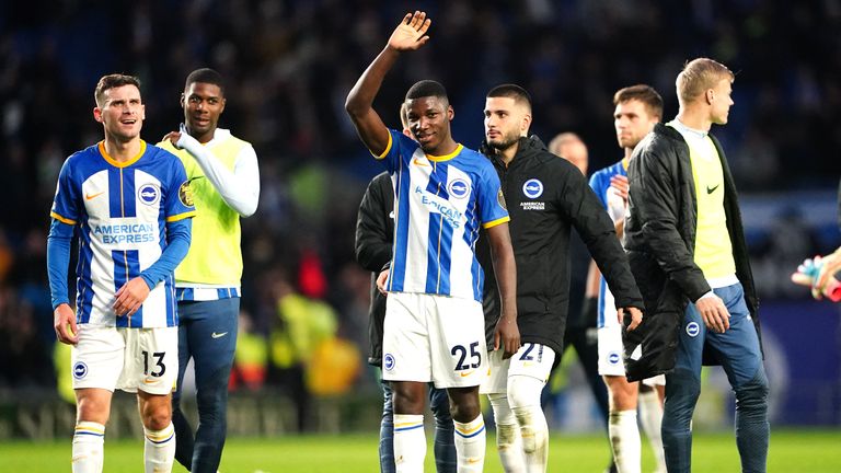 Brighton and Hove Albion&#39;s Moises Caicedo (centre) applauds the fans after the final whistle in the Premier League match at the Amex Stadium, Brighton and Hove. Picture date: Saturday February 4, 2023.