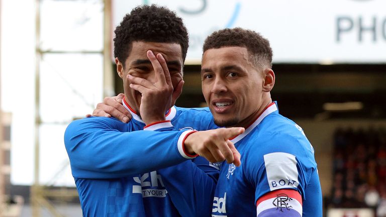Malik Tillman celebrates with James Tavernier after giving Rangers a 4-2 lead against Motherwell 