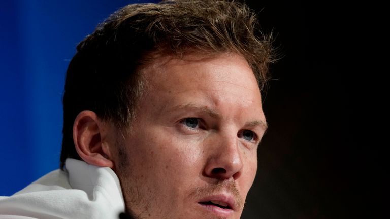 Bayern&#39;s head coach Julian Nagelsmann listens to questions of journalists during a news conference in Munich, Germany, March 7, 2023. Bayern Munich has hired Thomas Tuchel as coach to replace Julian Nagelsmann after losing the lead of the German league, it was announced Friday, March 24, 2023. Bayern chief executive Oliver Kahn blames “big fluctuations in performance” and said the squad wasn’t showing its true potential under Nagelsmann.