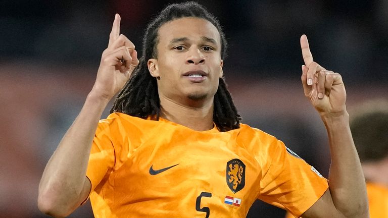 Netherlands' Nathan Ake celebrates scoring his side's second goal during the Euro 2024 group B qualifying soccer match between the Netherlands and Gibraltar at De Kuip stadium in Rotterdam, Netherlands, Monday, March 27, 2023. (AP Photo/Peter Dejong)