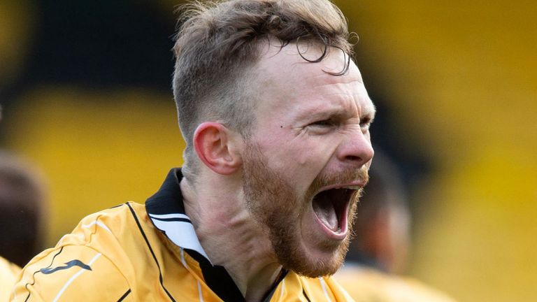 LIVINGSTON, SCOTLAND - MARCH 18: Livingston&#39;s Nicky Devlin celebrates his goal to make it 2-0 during a cinch Premiership match between Livingston and Ross County at the Tony Macaroni Arena, on March 18, 2023, in Livingston, Scotland.  (Photo by Sammy Turner / SNS Group)