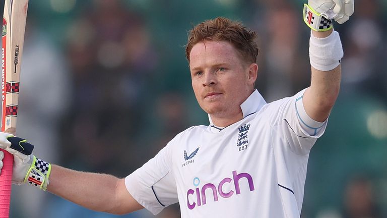 Ollie Pope celebrates scoring a century in England&#39;s first Test of their tour of Pakistan in December