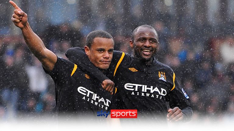 Vincent Kompany and Patrick Vieira celebrate together at Manchester City