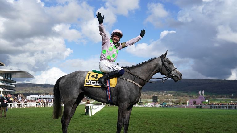 Paul Townend celebrates after Lossiemouth's victory in the Triumph Hurdle