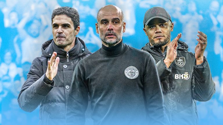 Pep Guardiola flanks Mikel Arteta and Vincent Kompany - two men who have left Man City and are enjoying success elsewhere [AP/Getty]