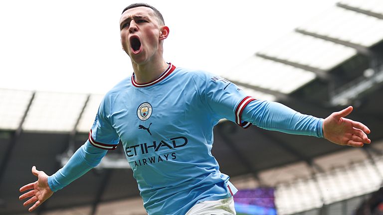 Phil Foden celebrates after giving Manchester City the lead against Newcastle