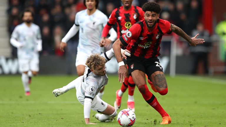 Bournemouth&#39;s Philip Billing gets past Liverpool&#39;s Harvey Elliott