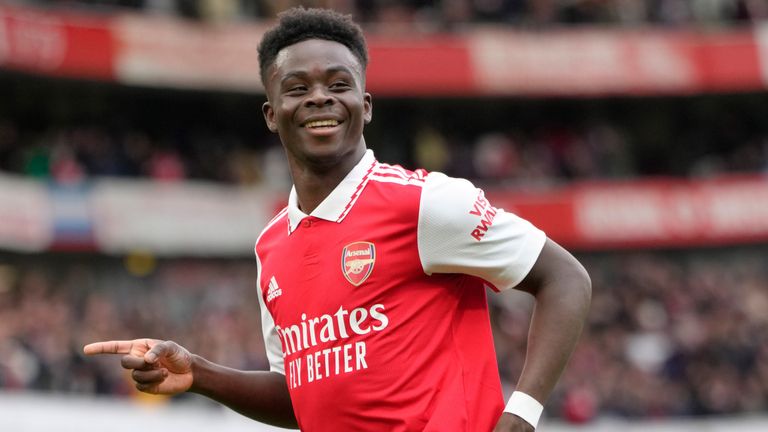 Bukayo Saka celebrates after scoring Arsenal's second goal against Crystal Palace