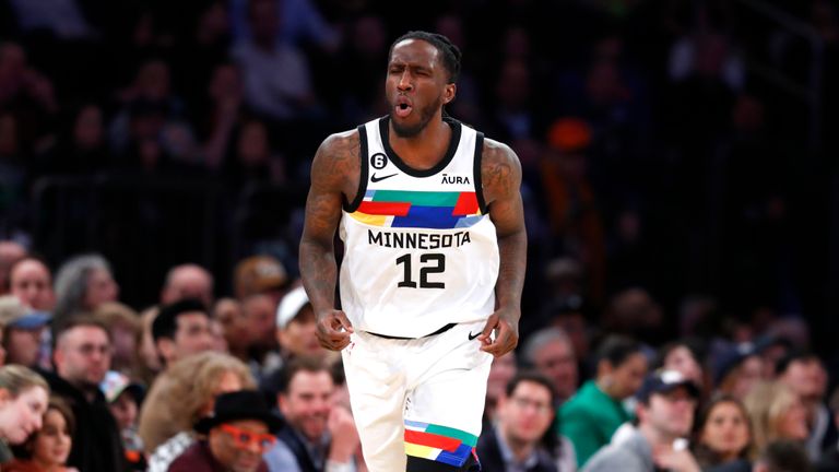 Minnesota Timberwolves forward Taurean Prince reacts after making a 3-point basket against the New York Knicks during the second half of an NBA basketball game, Monday, March 20, 2023, in New York.