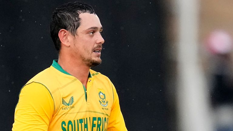 South Africa's Quinton de Kock celebrates his century during the second T20 international against West Indies at Centurion