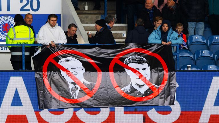 GLASGOW, SCOTLAND - MARCH 04: A Rangers fans banner during a cinch Premiership match between Rangers and Kilmarnock at Ibrox Stadium, on March 04, 2023, in Glasgow, Scotland.  (Photo by Craig Williamson / SNS Group)