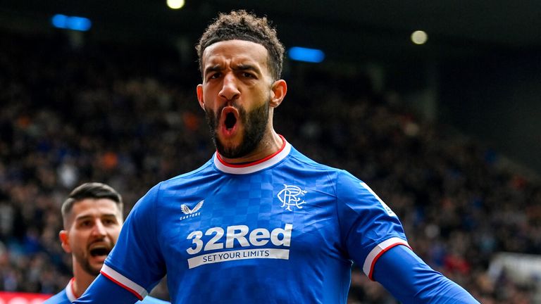 Connor Goldson celebrates after giving Rangers the lead against Kilmarnock