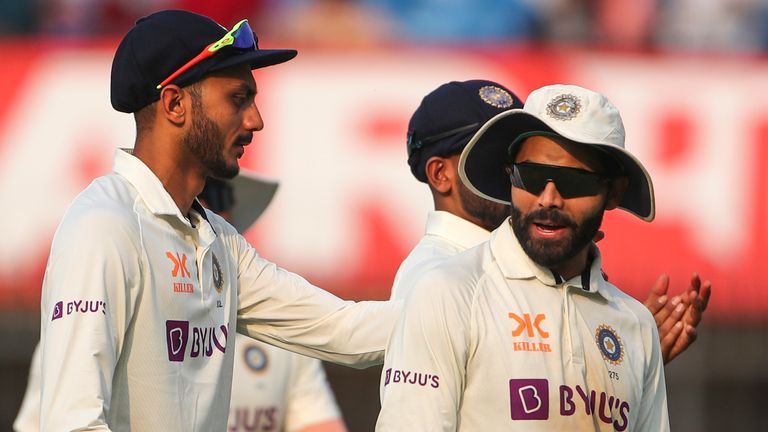 India's Ravindra Jadeja, right, Axar Patel left, walk back to pavilion on the end of the first day of play of the third cricket test match between India and Australia in Indore, India, Wednesday, March 1, 2023. (AP Photo/Surjeet Yadav)