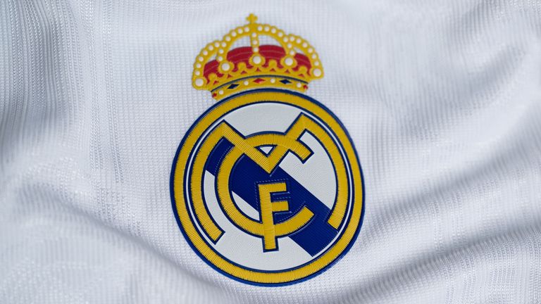 NYON, SWITZERLAND - OCTOBER 3: A detailed view of the badge of Real Madrid CF during the UEFA Champions League 2022/23 Group Stage Teams Jerseys Shoot at UEFA Headquarters, The House of the European Football, on October 3, 2022, in Nyon, Switzerland. (Photo by Kristian Skeie - UEFA/UEFA via Getty Images)