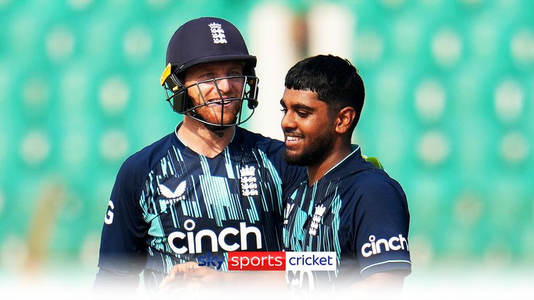 England's Rehan Ahmed, right, celebrates with captain Jos Buttler