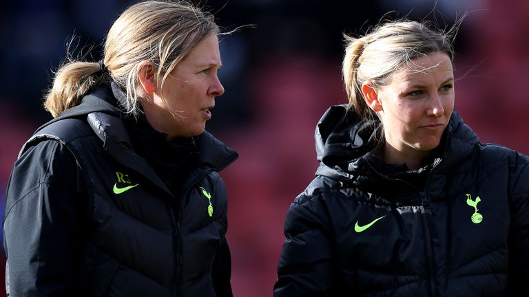 LONDON, ENGLAND - FEBRUARY 05: Tottenham Hotspur Manager Rehanne Skinner and Assistant Vicky Jepson watch the warm up during the FA Women's Super League match between Tottenham Hotspur WFC and Chelsea FC Women at Brisbane Road on February 05, 2023 in London, England. (Photo by Tottenham Hotspur FC/Tottenham Hotspur FC via Getty Images)