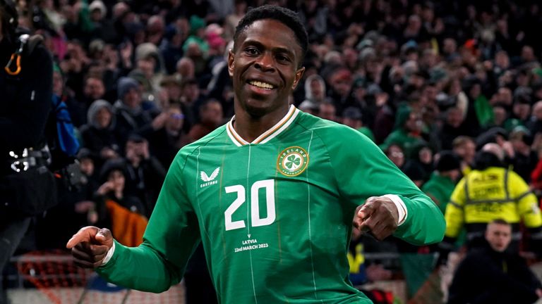 Republic of Ireland's Chiedozie Ogbene celebrates scoring his side's third goal against Latvia