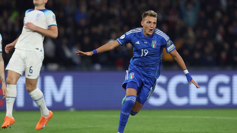 Italy&#39;s Mateo Retegui celebrates after scoring